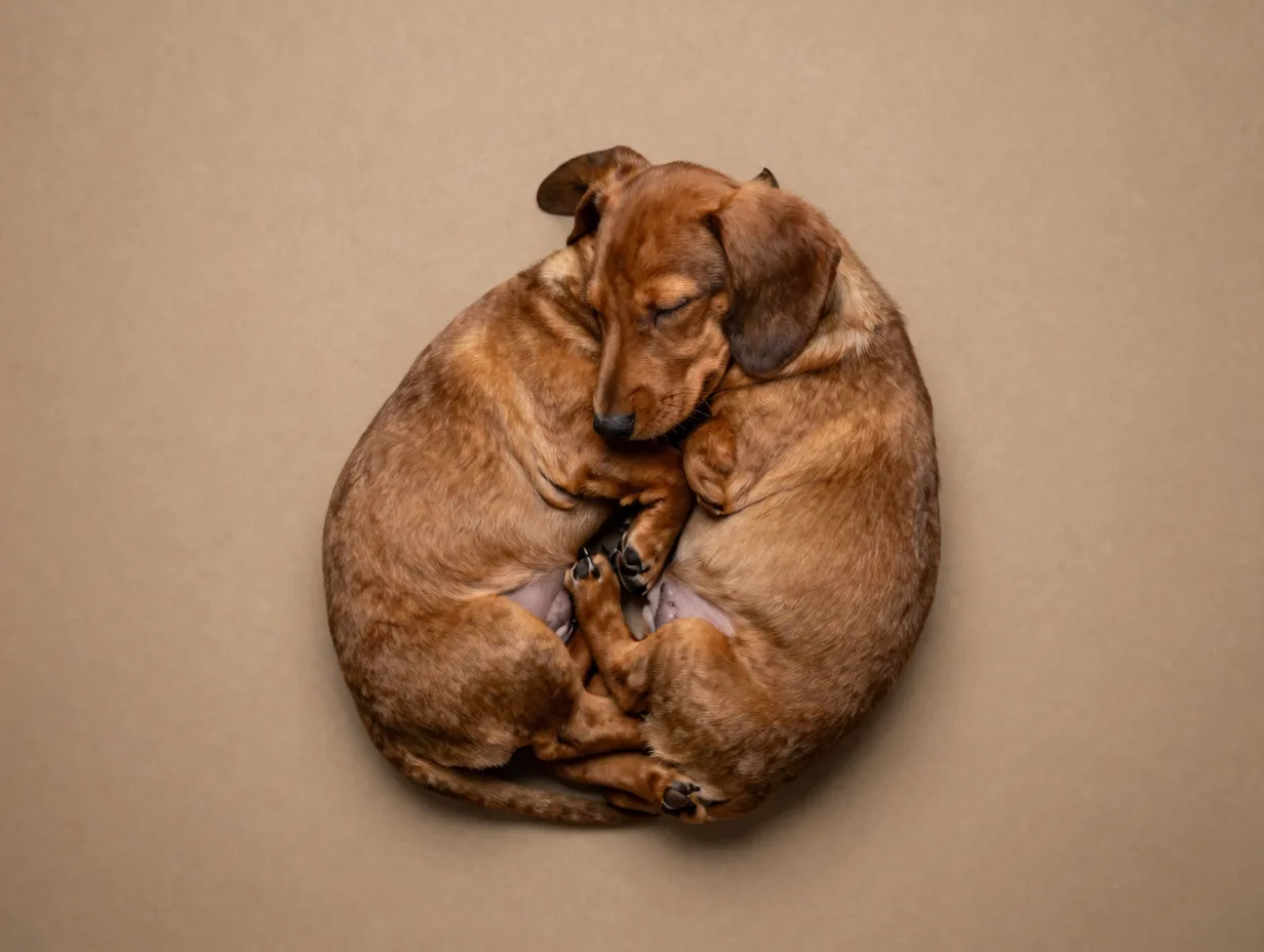 Dachshund puppy curled sleeping like cinnamon roll