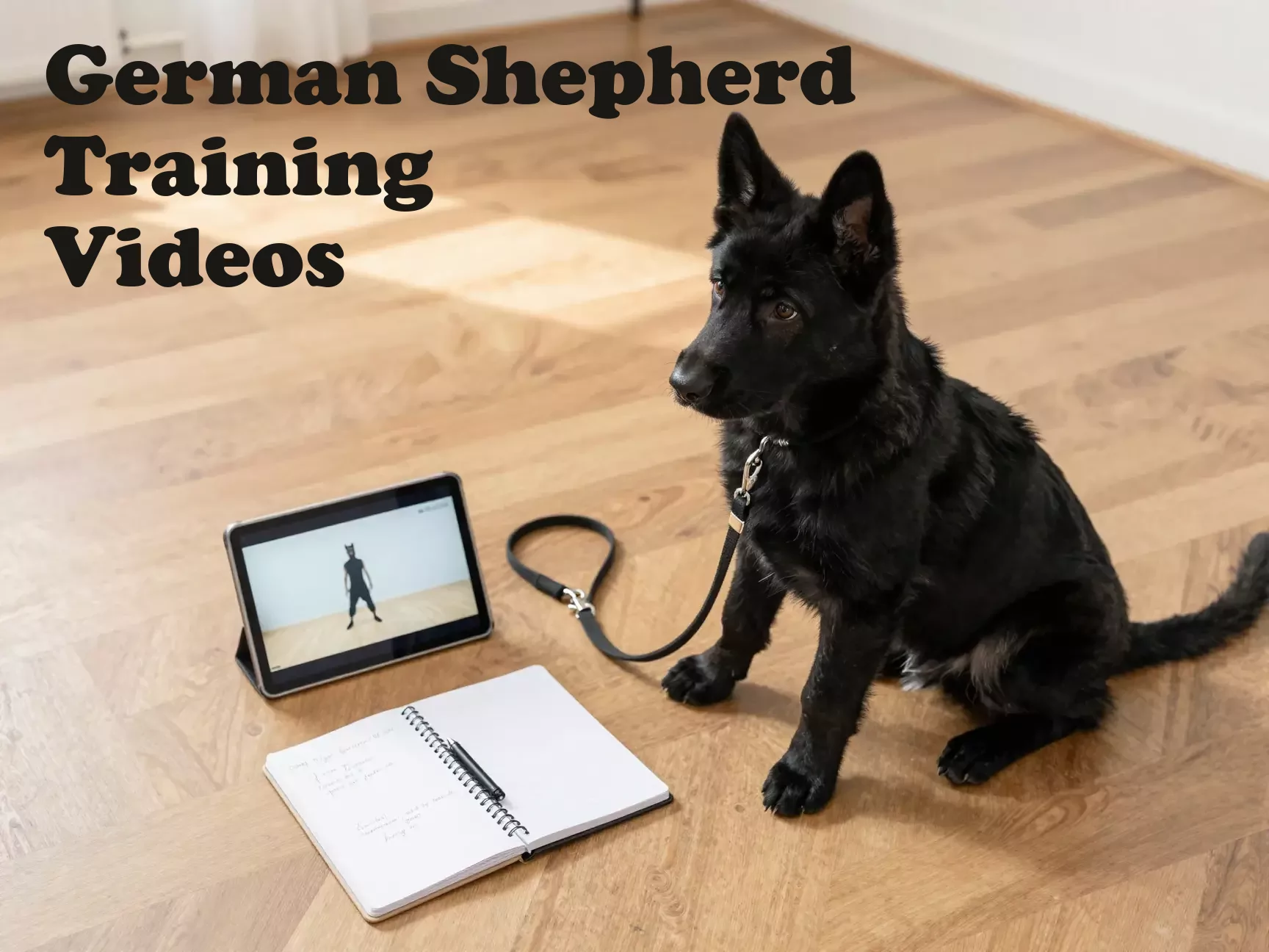 German shepherd puppy watching training video minimalist home aesthetic main