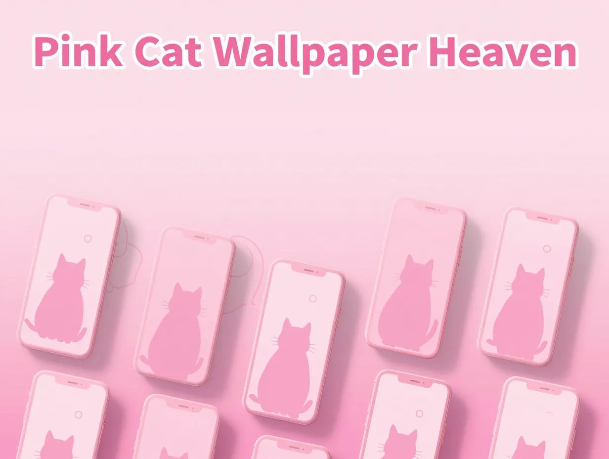Nine pink smartphone screens display varied cat wallpaper designs flat lay