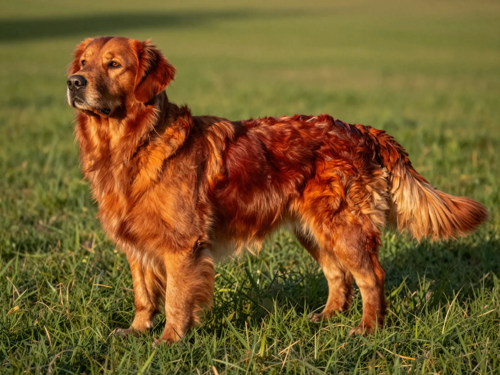 Copper mahogany red golden retriever coat color spectrum in sunlight
