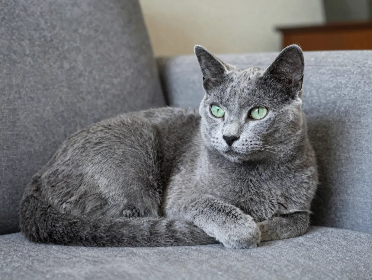 Elegant silver blue russian blue cat curled up on calm home sofa