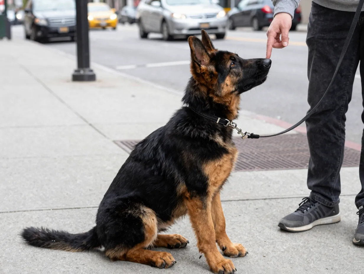 German shepherd puppy performing sit stay commands on urban sidewalk with traffic