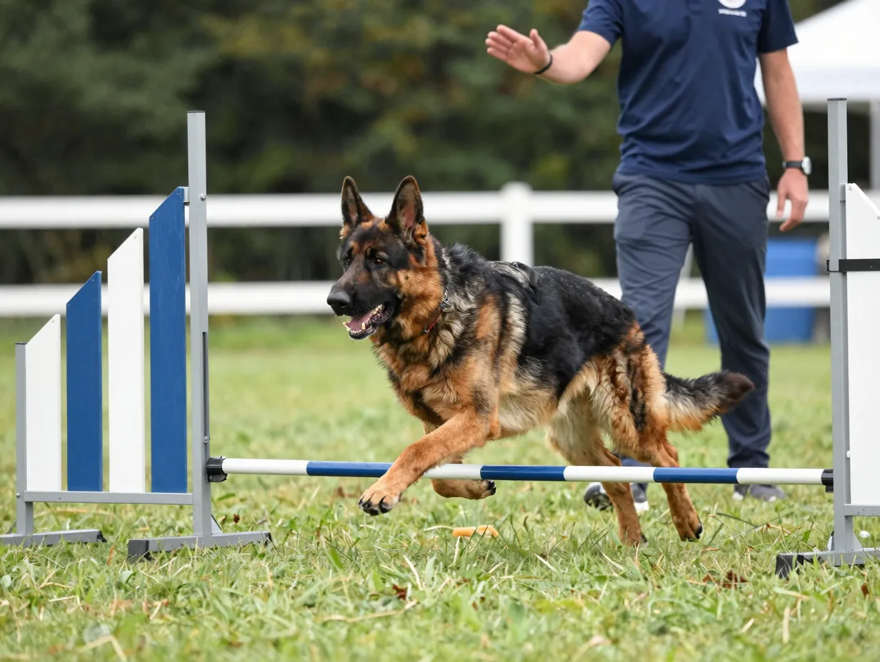 German shepherd running agility course with handler giving off leash commands