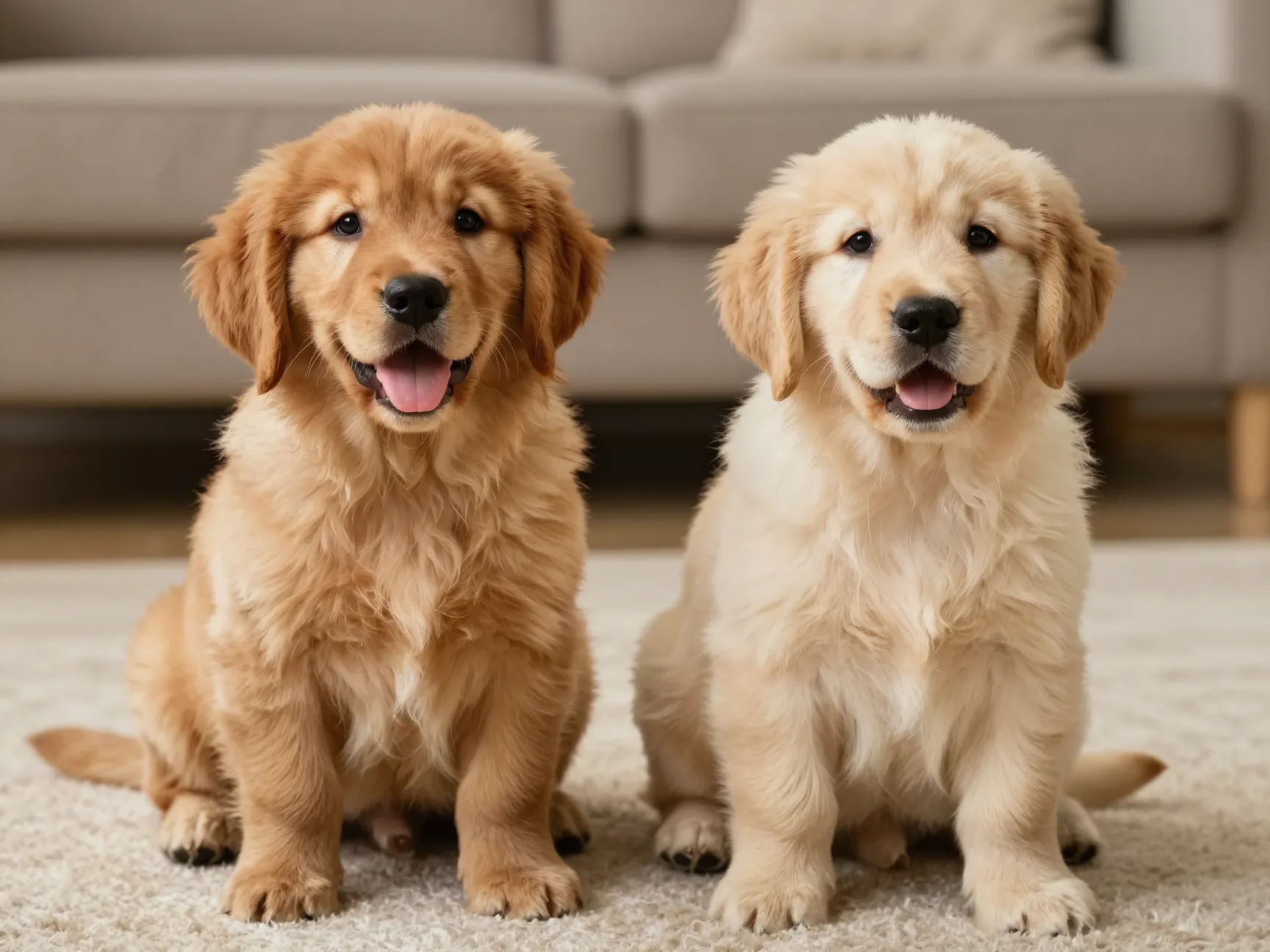 Red golden retriever puppy with classic golden sibling indoors