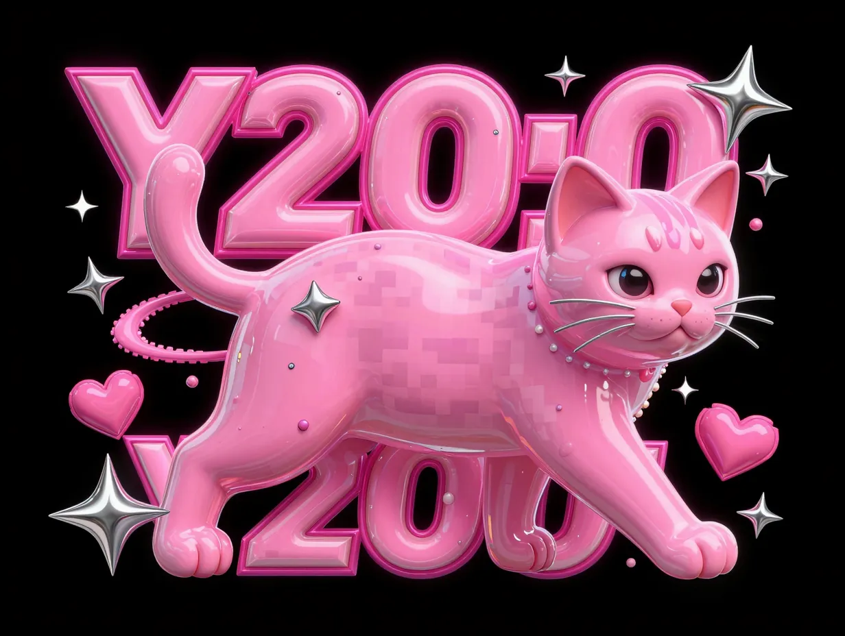 Y2k retro pink cat glossy textures pixel art bold design