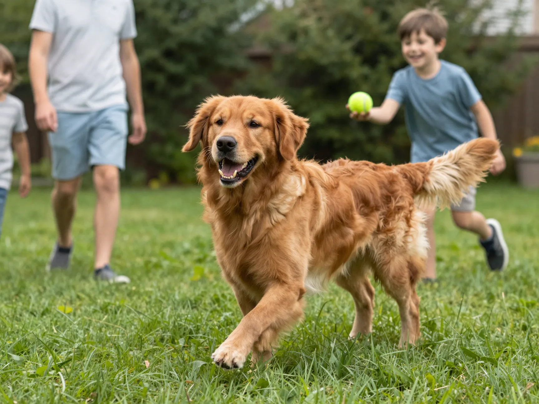 Red golden retriever playing fetch with family in backyard
