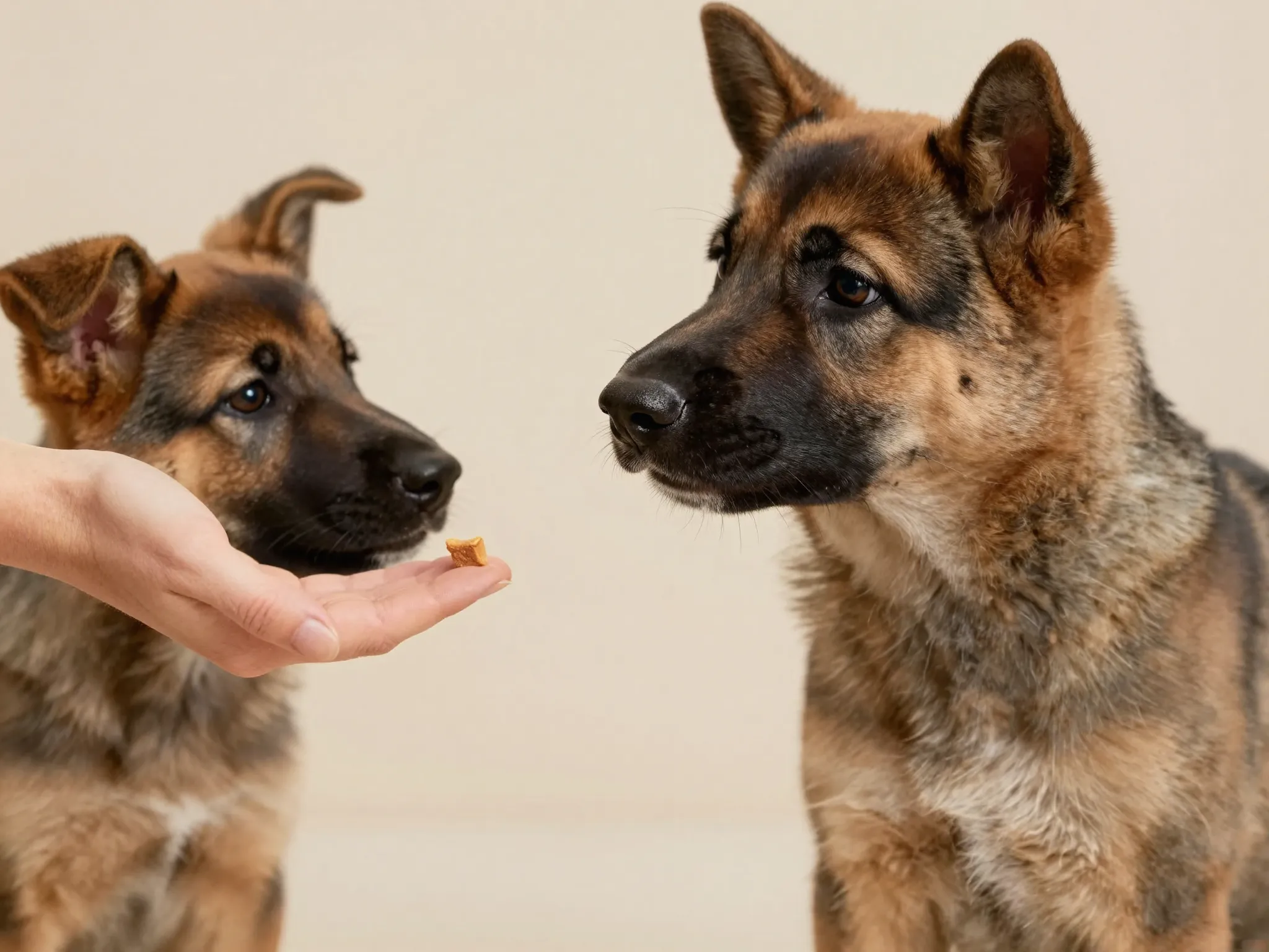Trainer using treat lure to teach sit command to eight week old german shepherd puppy