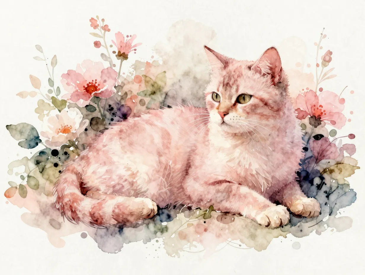 Watercolor illustrated pink cat soft brushstrokes floral background