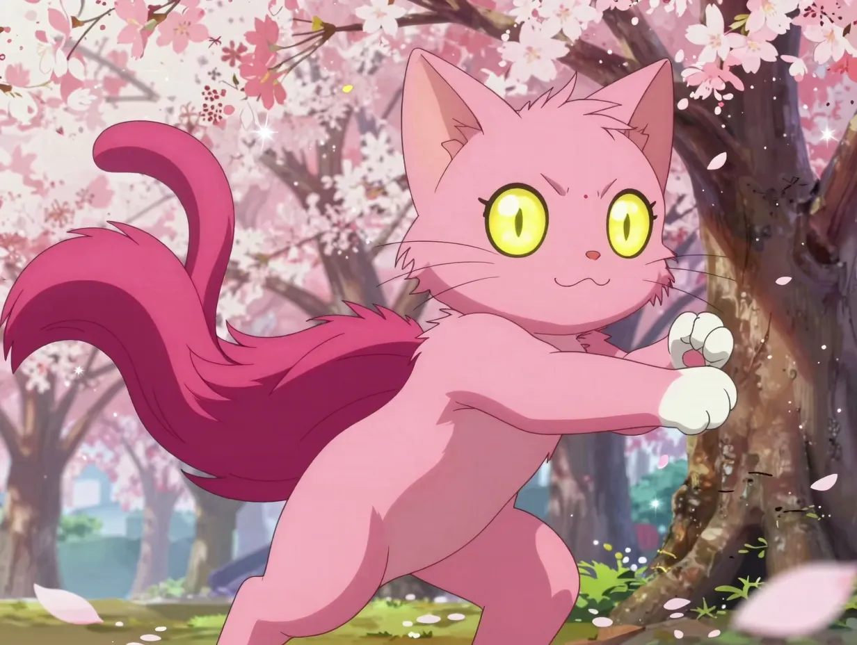 Anime style pink cat luminous eyes cherry blossom forest