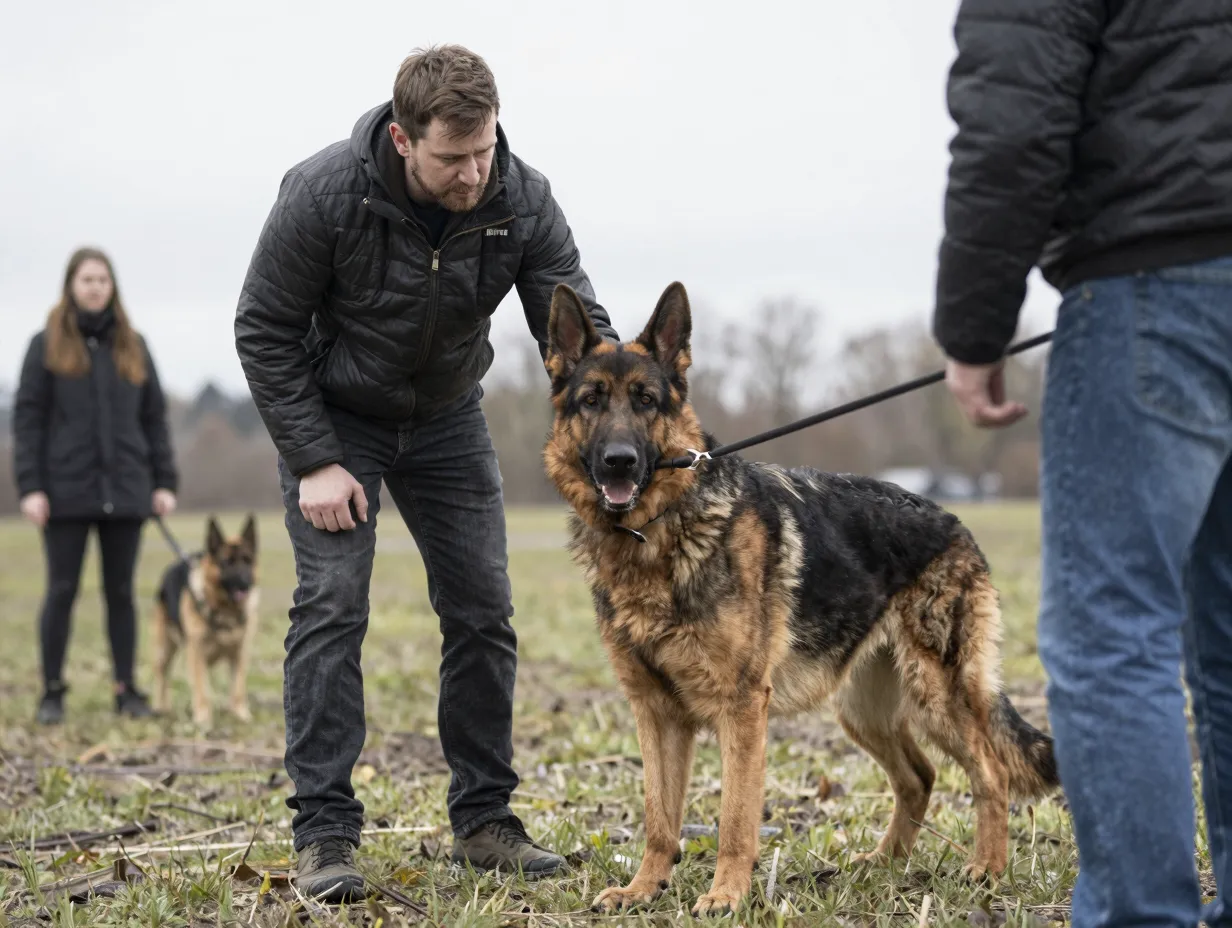Handler managing reactive german shepherd on leash during controlled exposure training