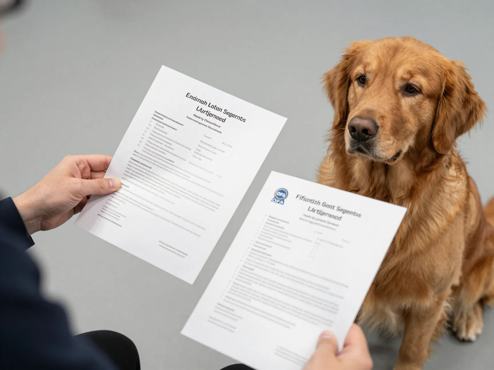 Professional breeder reviewing red golden retriever pedigree documents