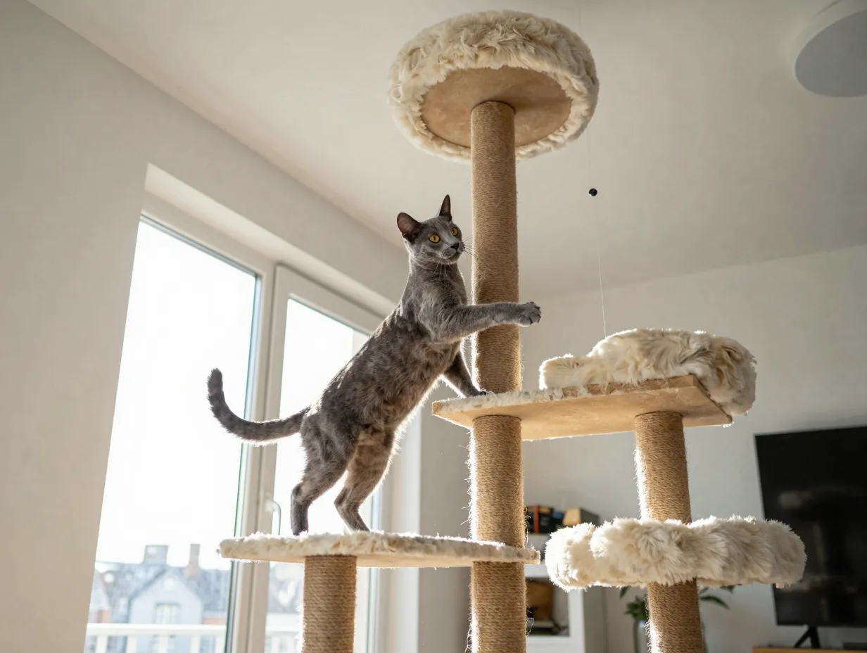 Russian blue cat climbing tall cat tree sunlit apartment