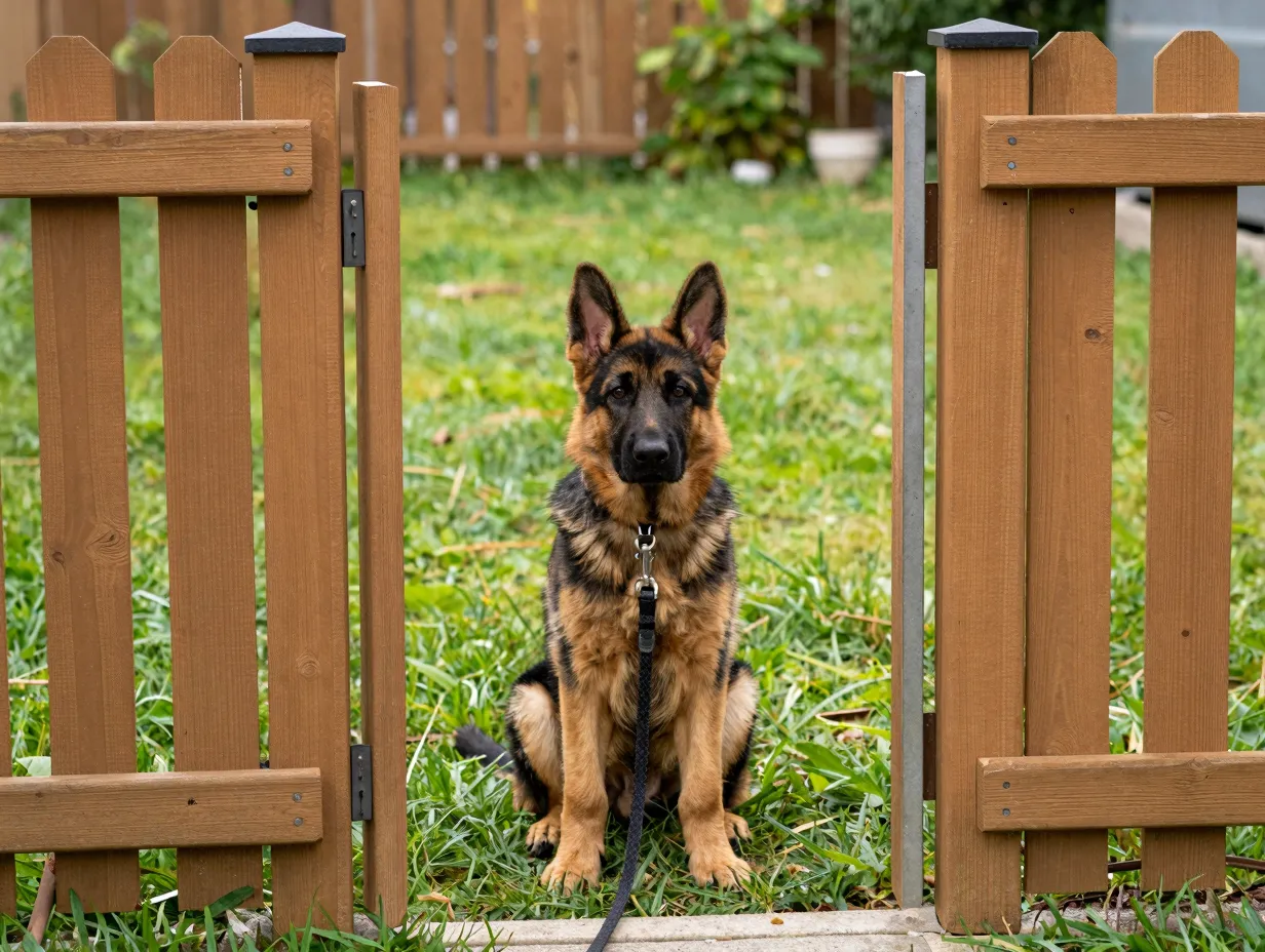 German shepherd puppy waiting patiently at an open wooden garden gate