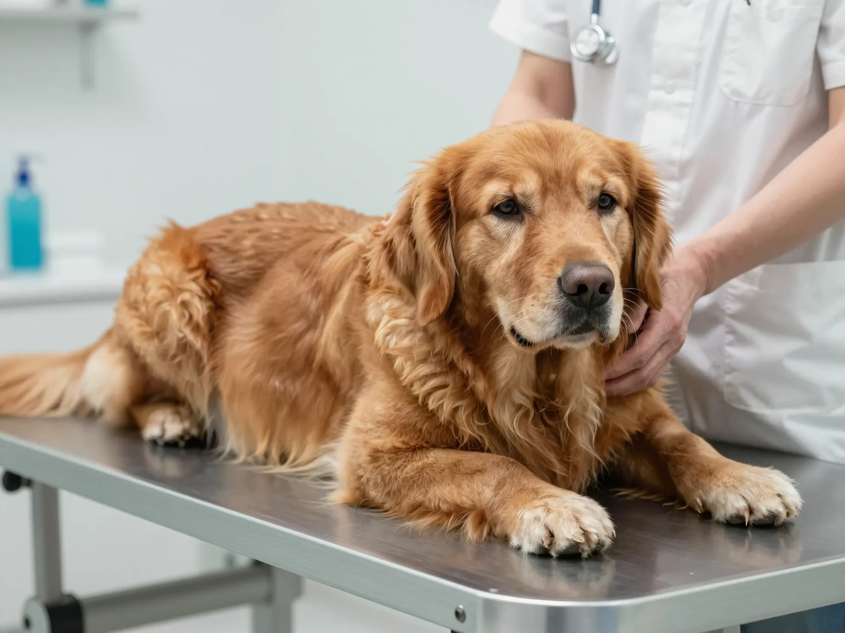 Elderly red golden retriever healthy on veterinarian examination table