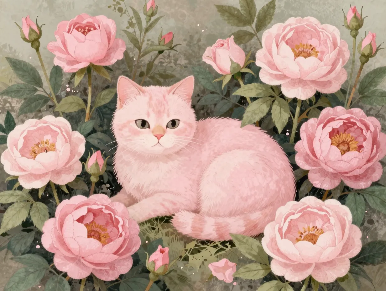 Floral pink cat nestled blooming roses peonies cottagecore