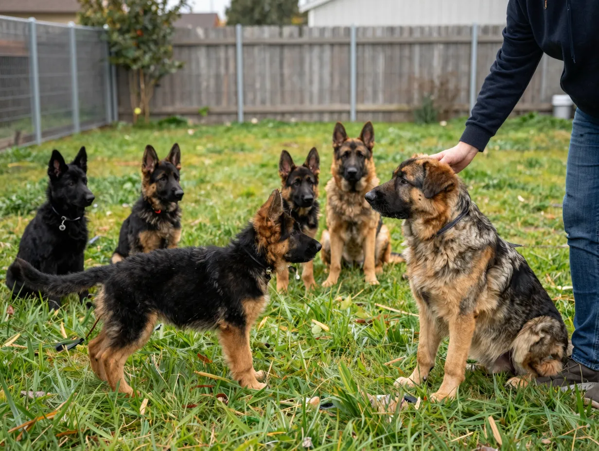 German shepherd puppy meeting a calm older dog under trainer supervision in a yard