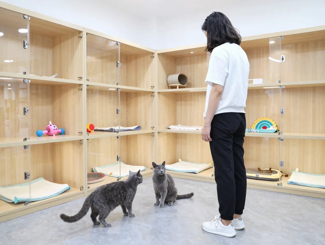 Person visiting breeder clean cattery meeting parent cats