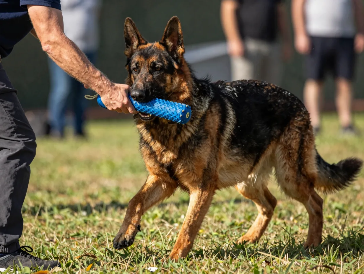 High energy german shepherd playing tug with handler as a reward for obedience