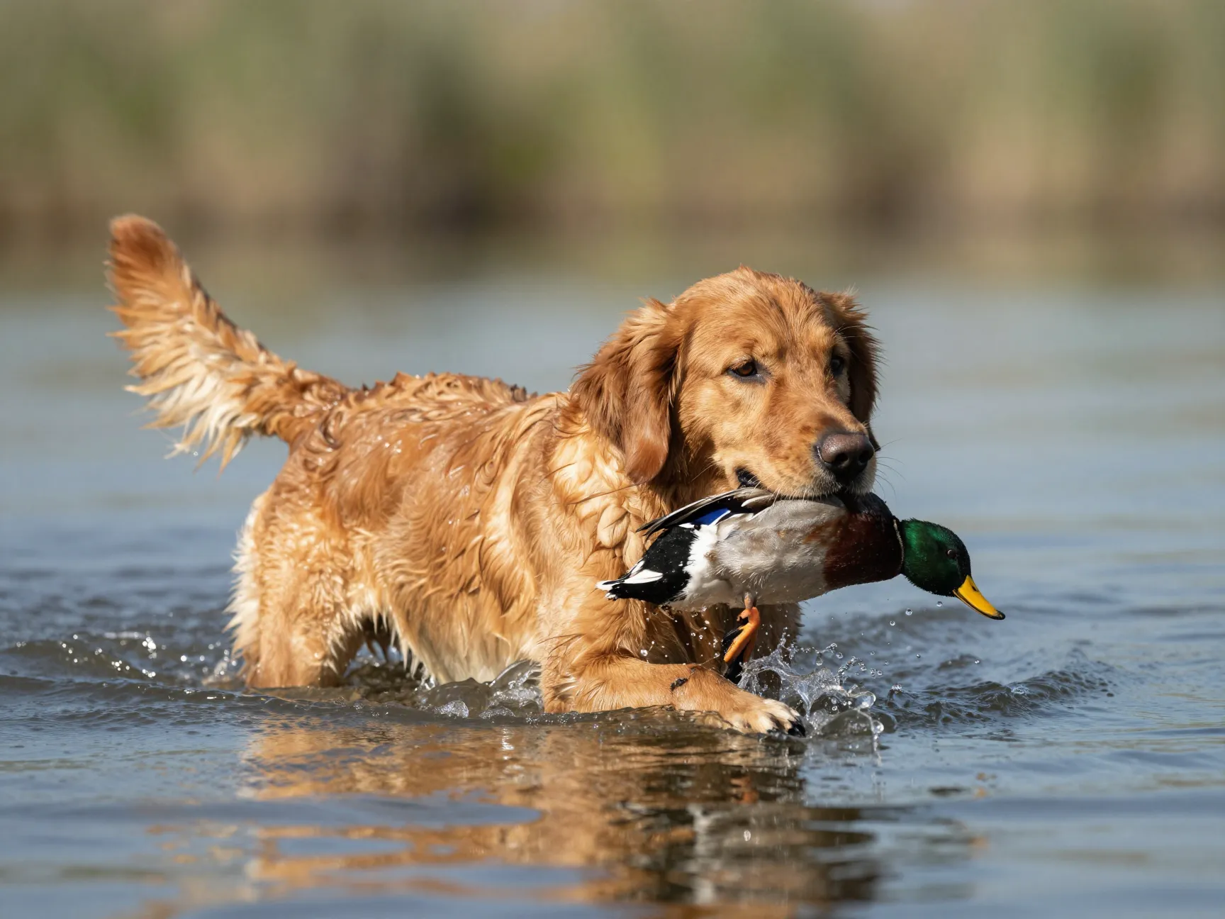 Red golden retriever retrieving duck during field hunting work