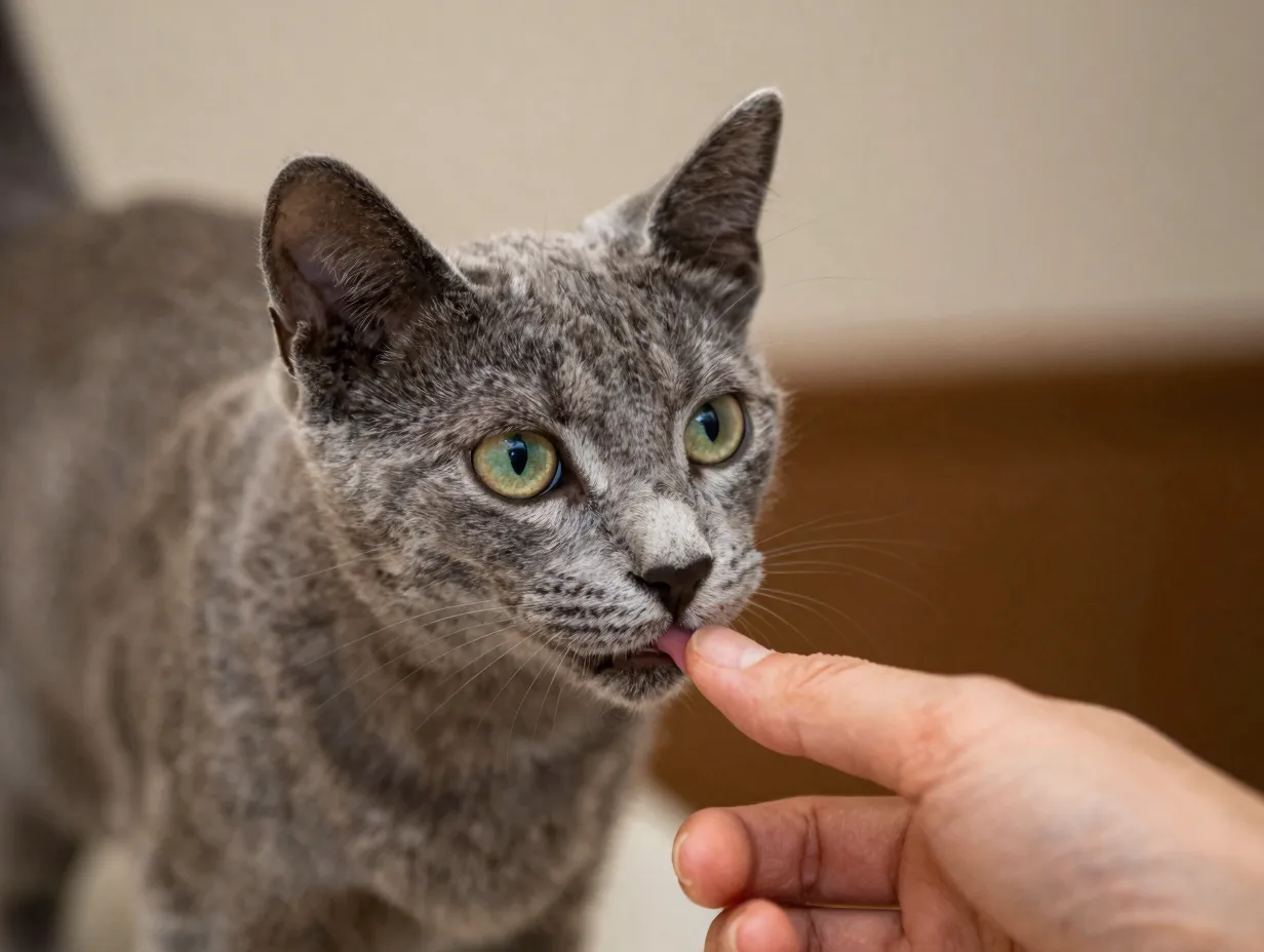 Socialized russian blue kitten curiously approaching persons hand