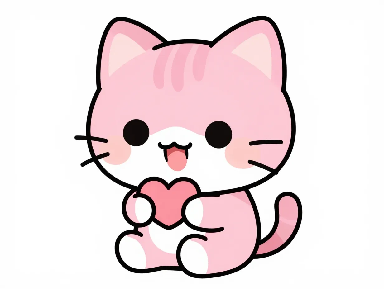Chibi pink cat character super deformed proportions holding heart
