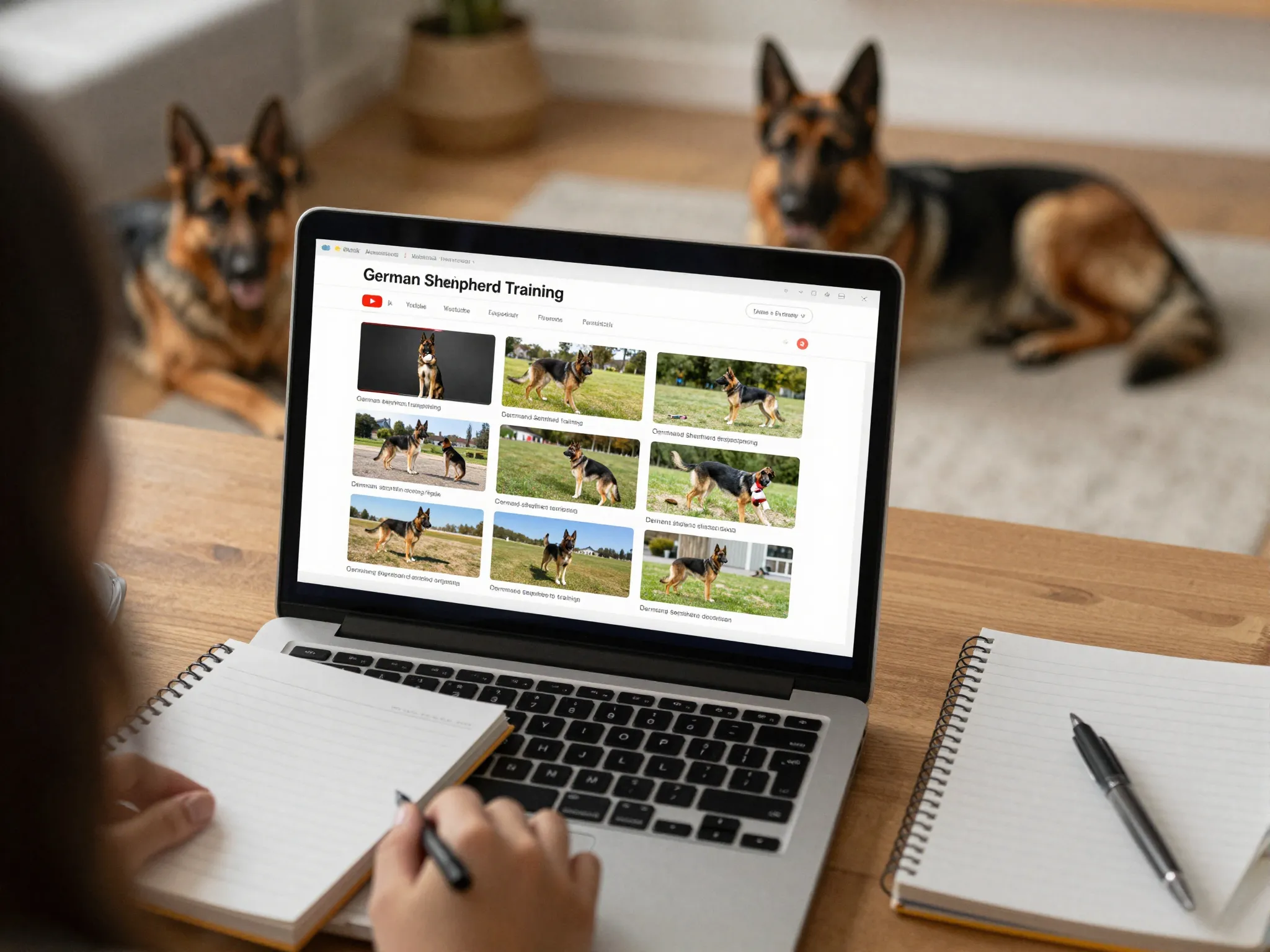 Laptop screen displaying a german shepherd training playlist with a dog nearby