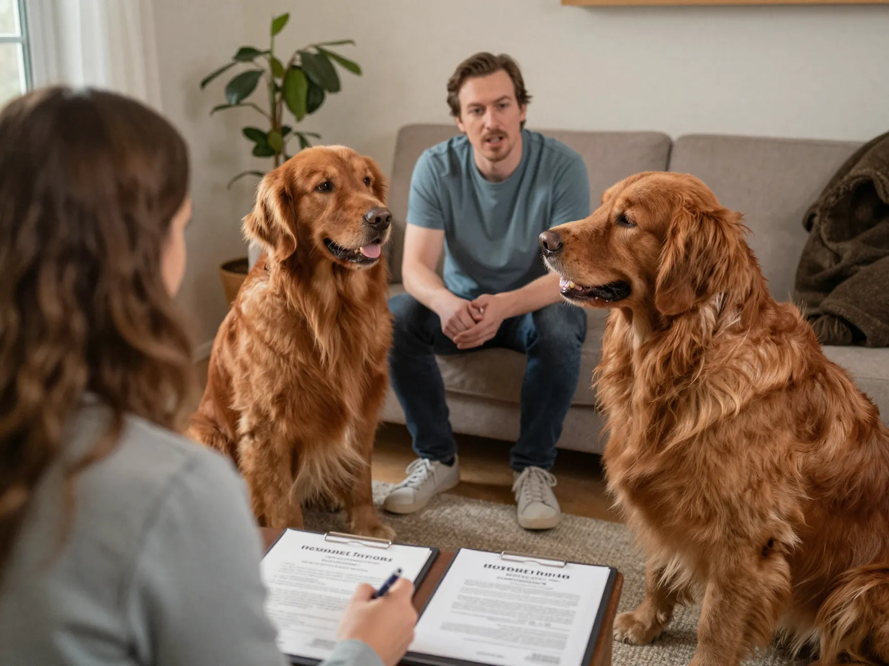 Prospective owner meeting red golden retriever breeder and parents