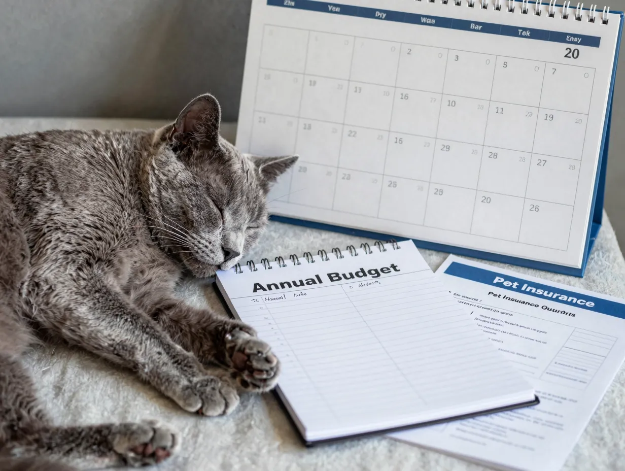 Russian blue cat sleeping next calendar financial planning notes