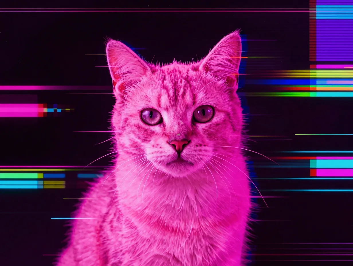 Neon glitch pink cat digital distortion rgb color splitting
