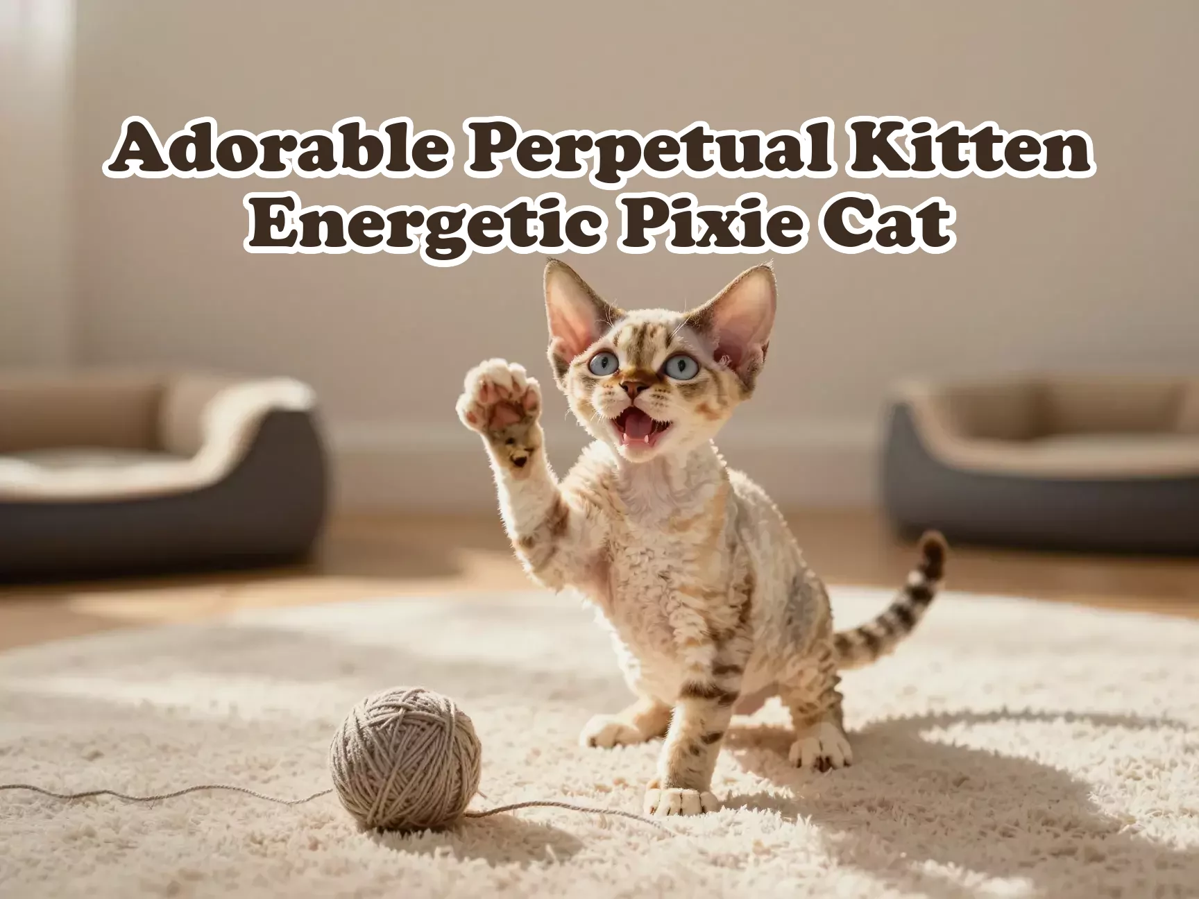 Curl eared kitten high fives yarn heated bed living room main