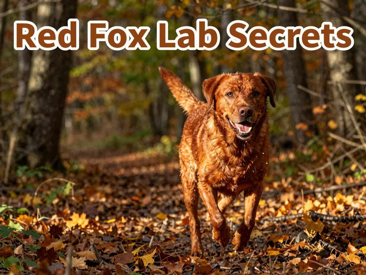 Vibrant fox red lab running through autumn forest wet coat