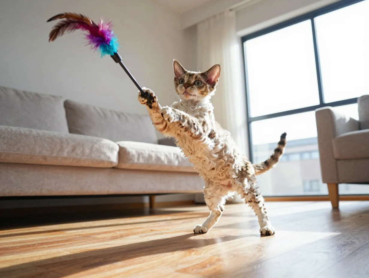 Devon rex adult cat chasing wand toy in bright living room permanent kitten phase