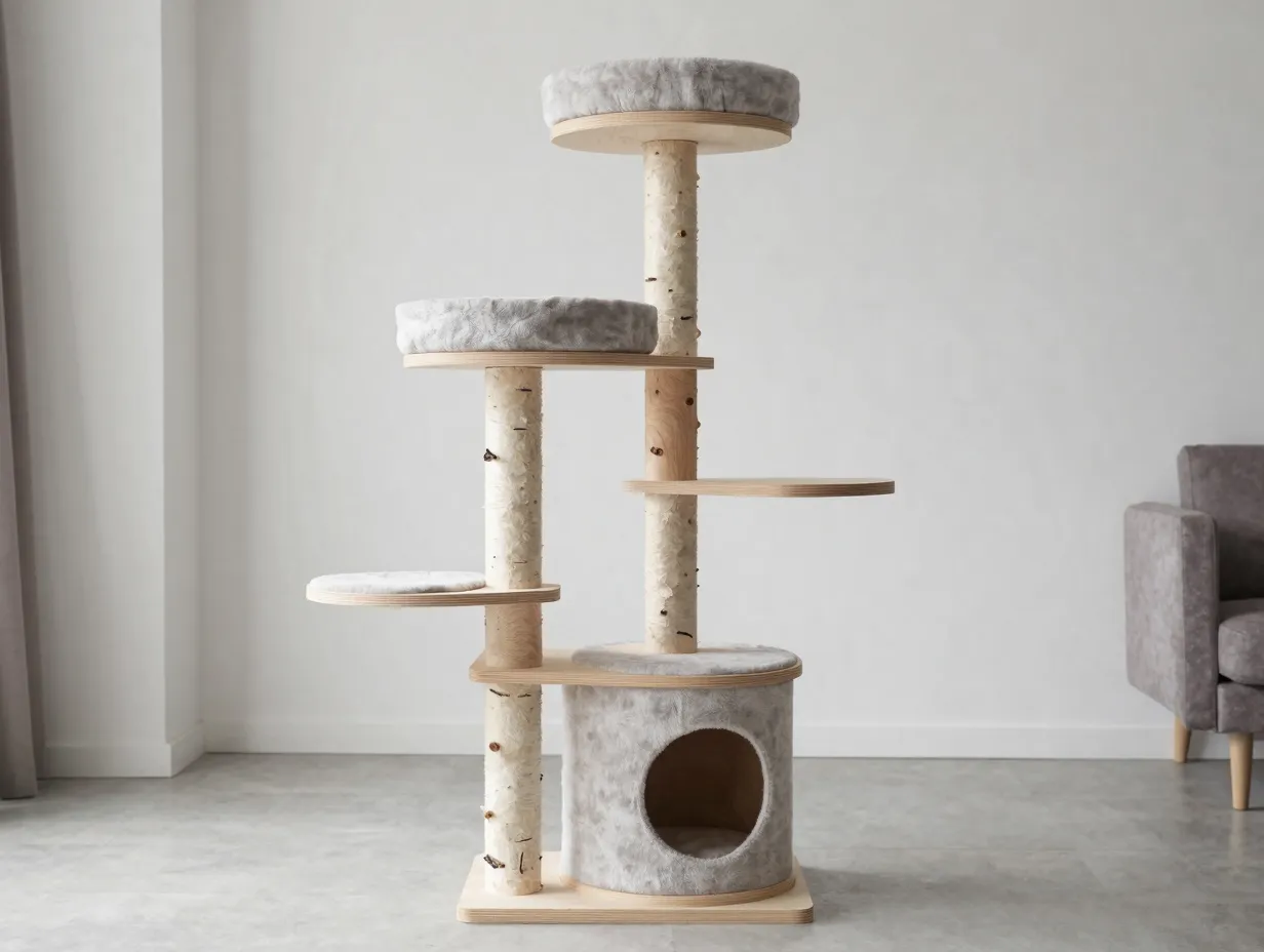 Scandinavian minimalist wood tower with natural birch platforms and neutral fabric