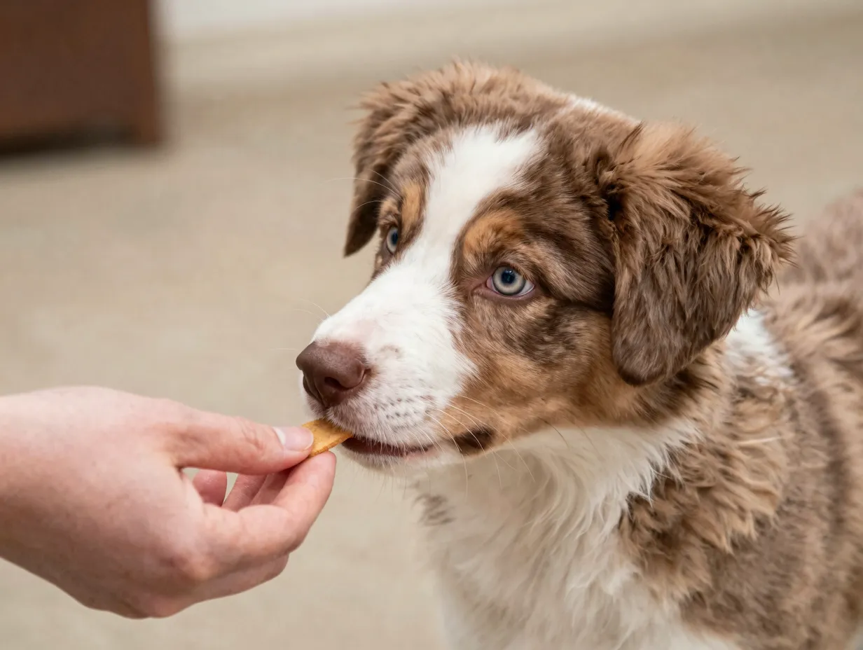 Young aussiedor puppy focused on training commands with treats reward