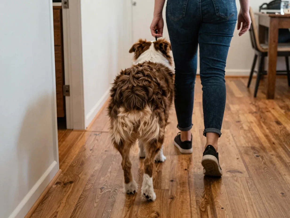 Aussiedor dog following family members from room to room indoors