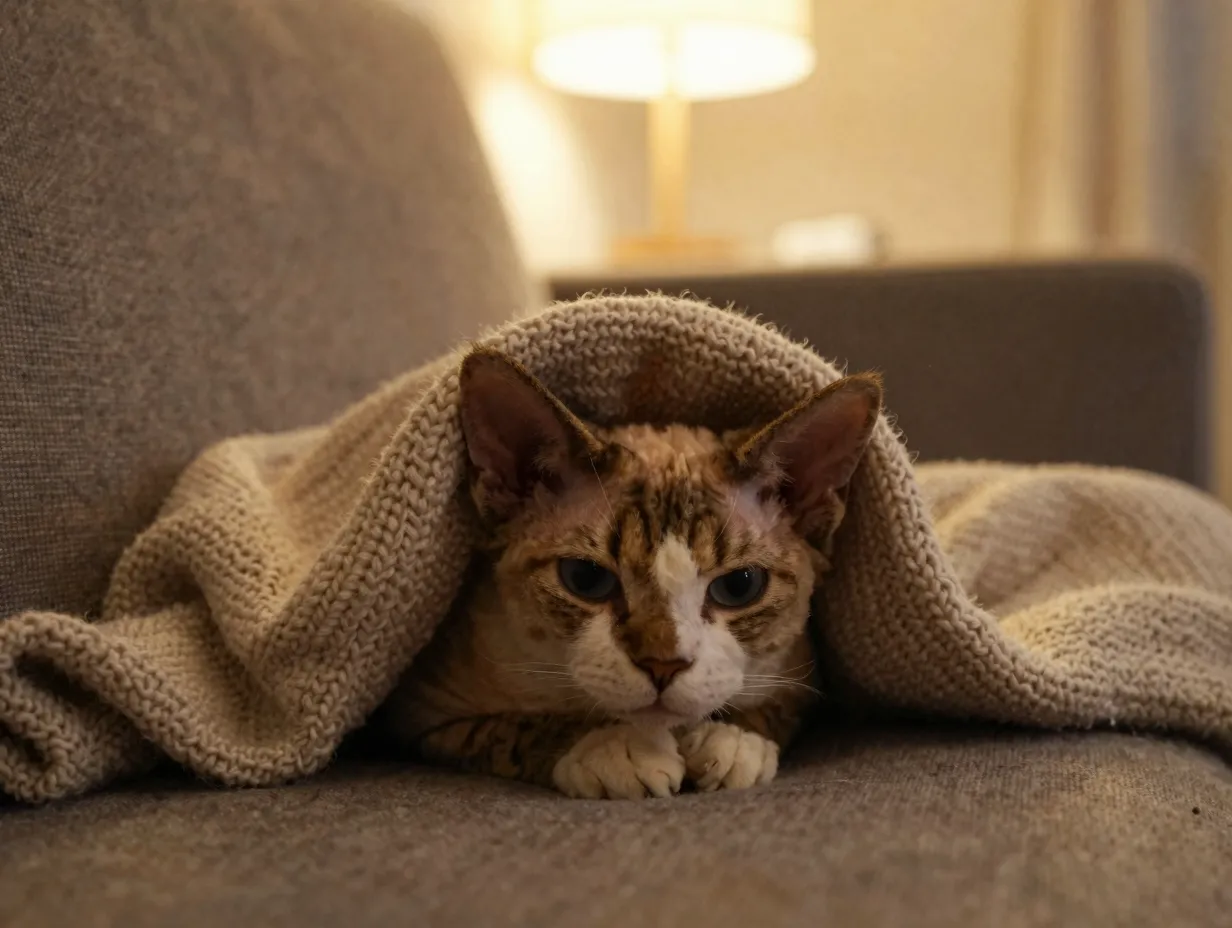 Devon rex cat curled up under blanket on sofa seeking warmth cold sensitive