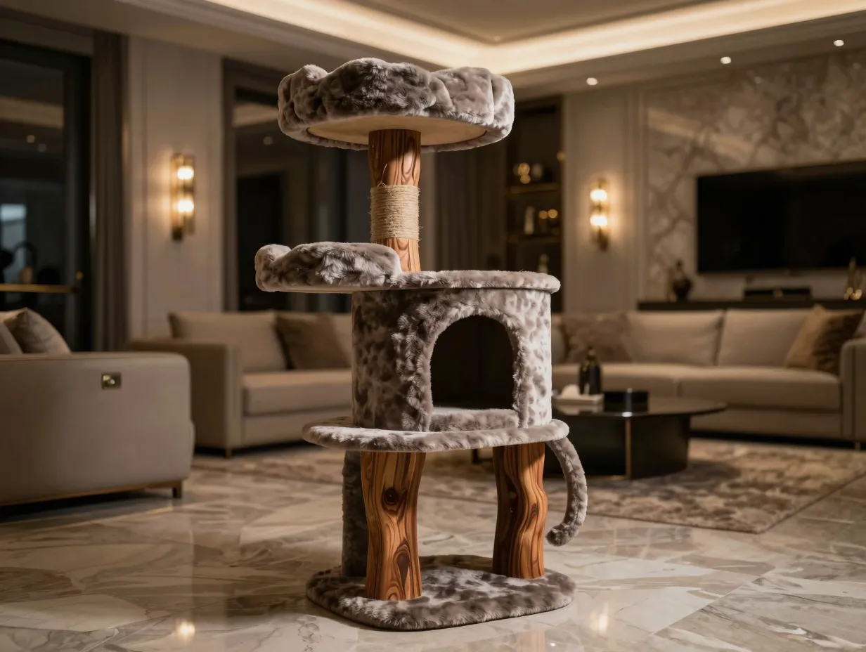 European sculptural miacara torre cat tree in a luxury living room
