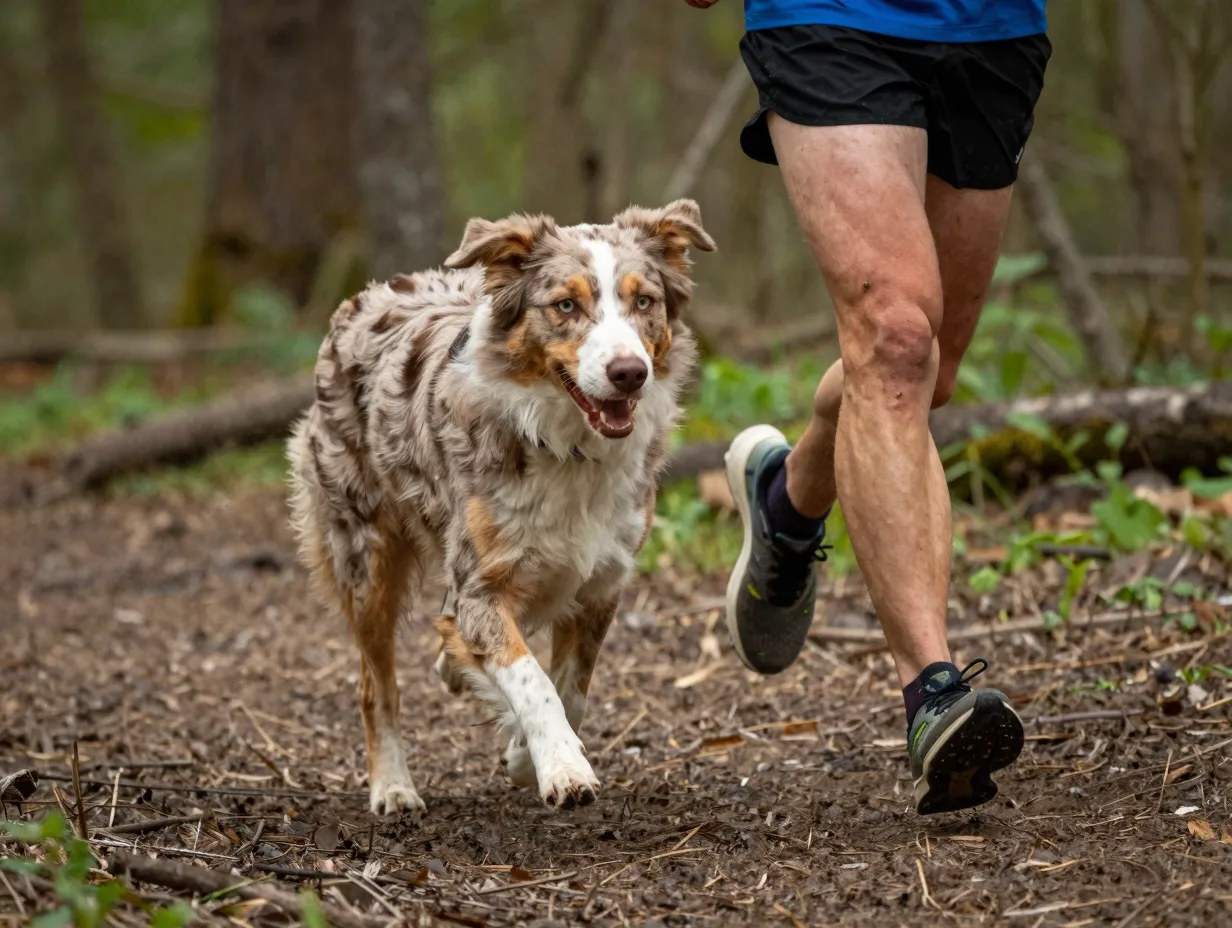 Energetic aussiedor dog running alongside owner on forest trail