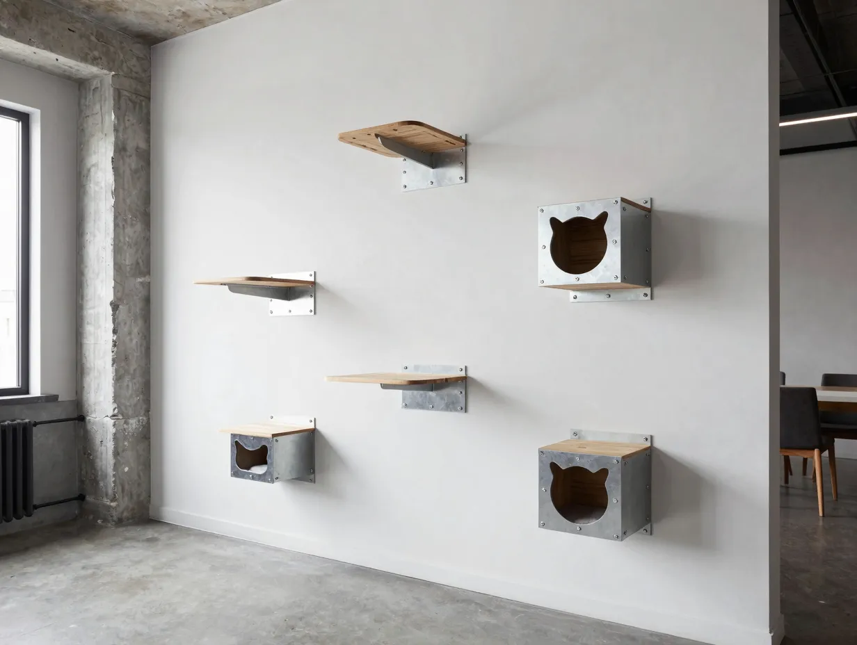 Wall mounted modular cat tree system on an industrial modern apartment wall