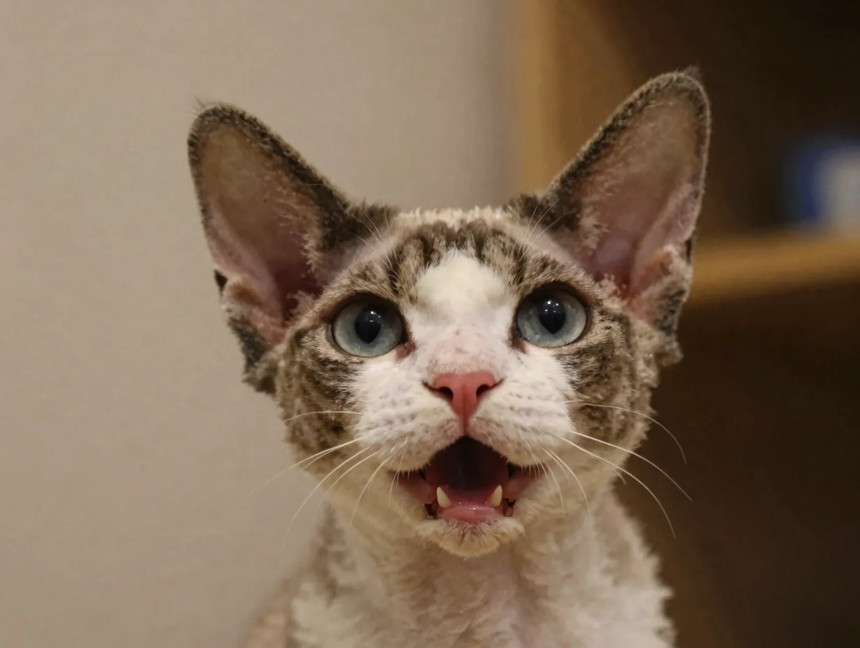 Devon rex cat looking at owner chirping vocal communication range sounds