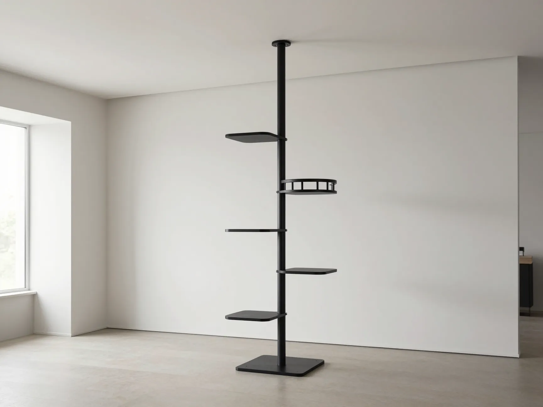 Floor to ceiling tension pole cat tree in a modern minimalist room