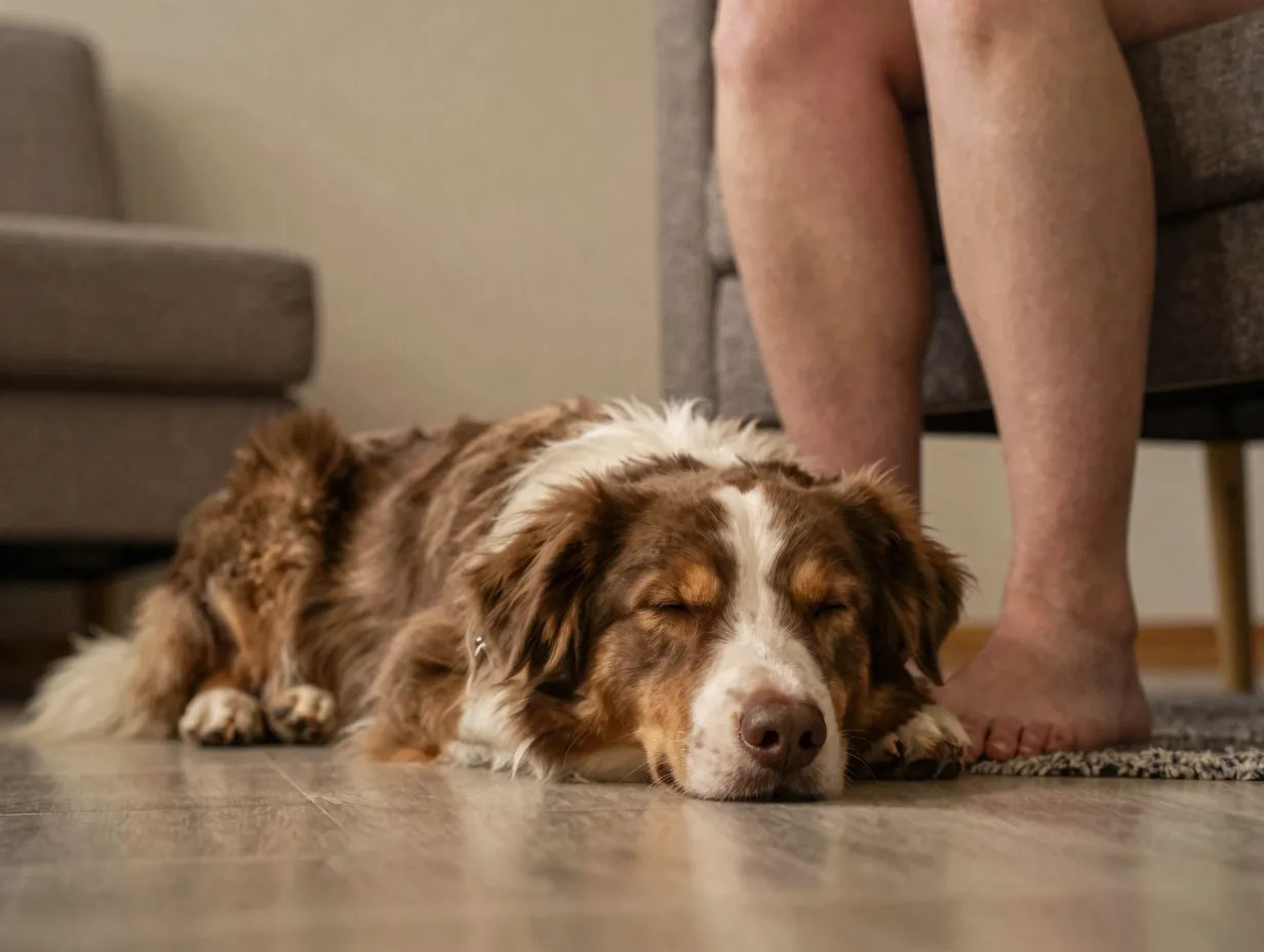 Mature calm aussiedor resting at owners feet after long walk