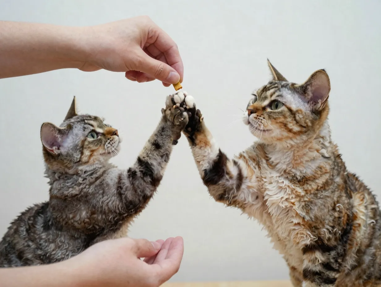 Devon rex cat performing high five trick with owner hand for treat training