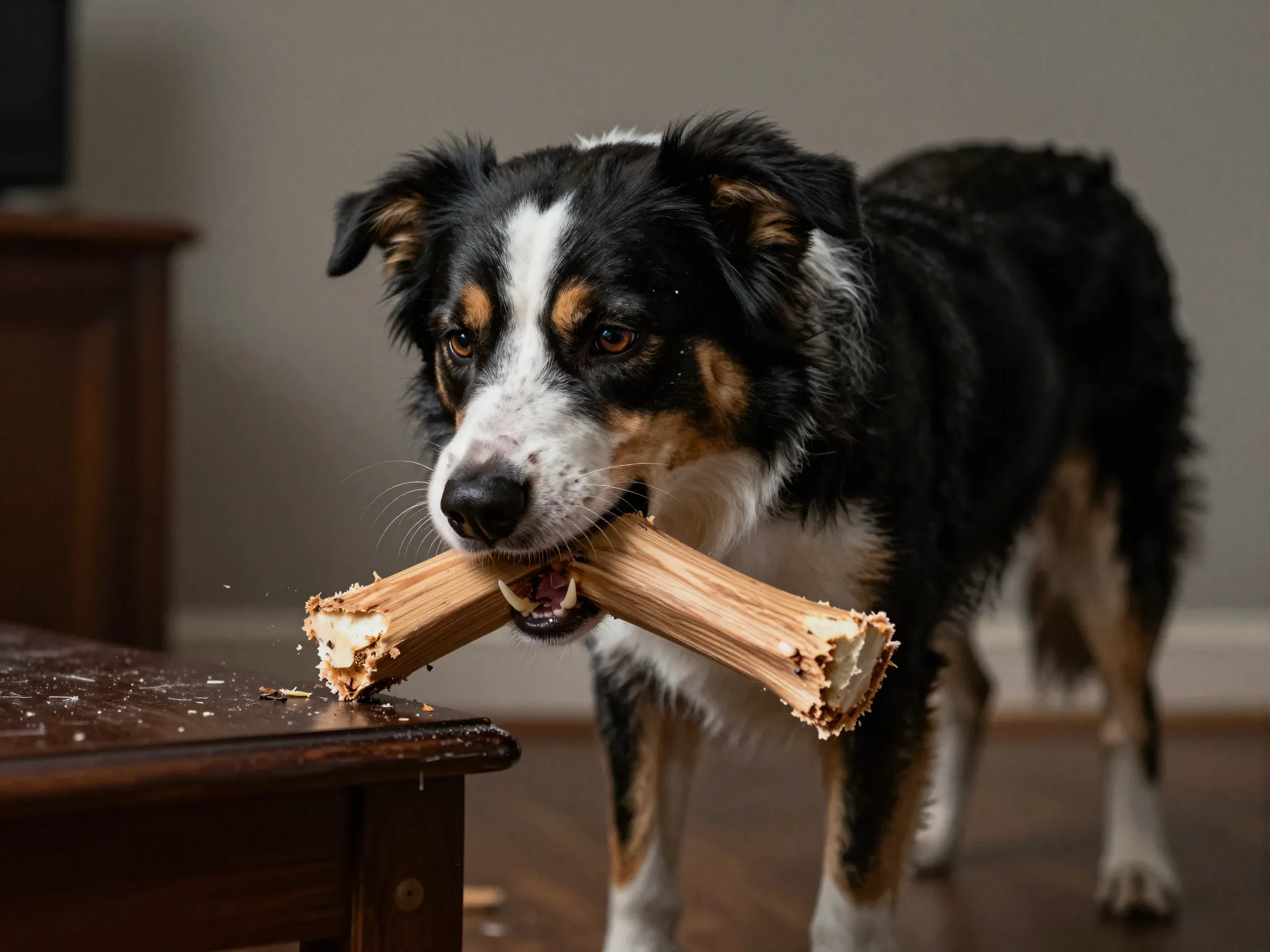 Frustrated aussiedor dog exhibiting destructive chewing on furniture