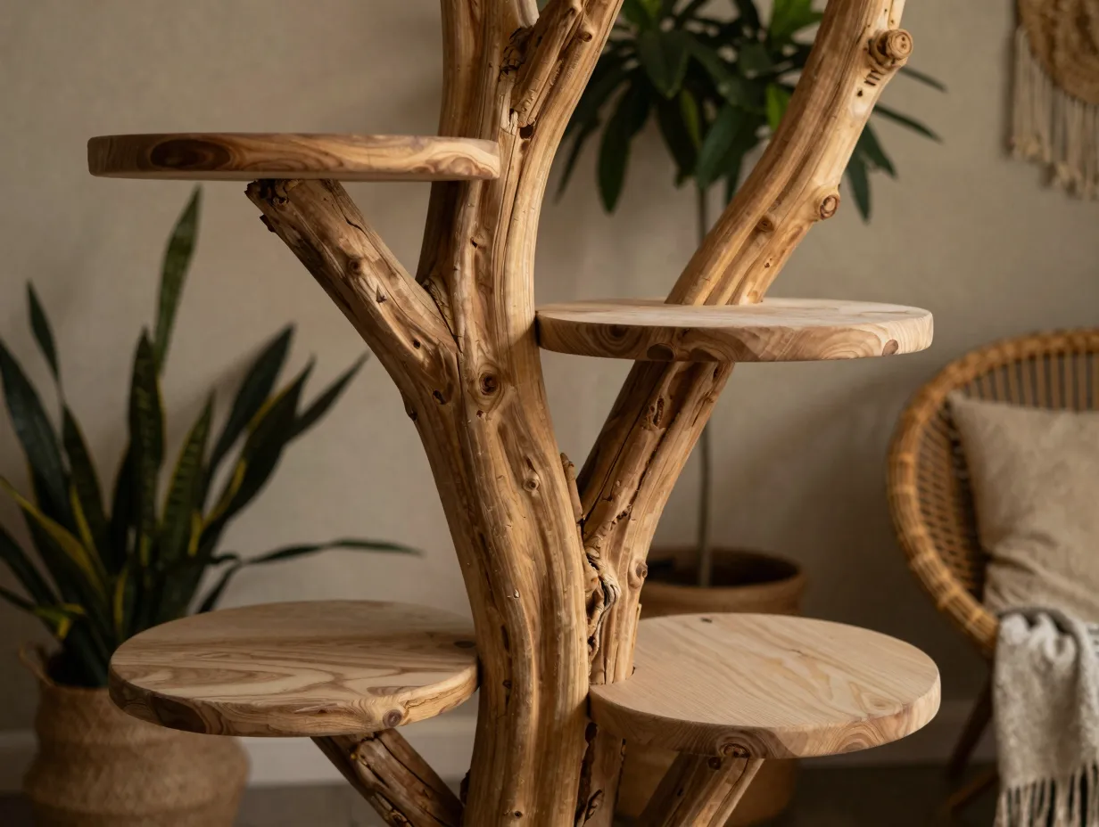 Natural wood sculpture cat tree with real branches in a bohemian room
