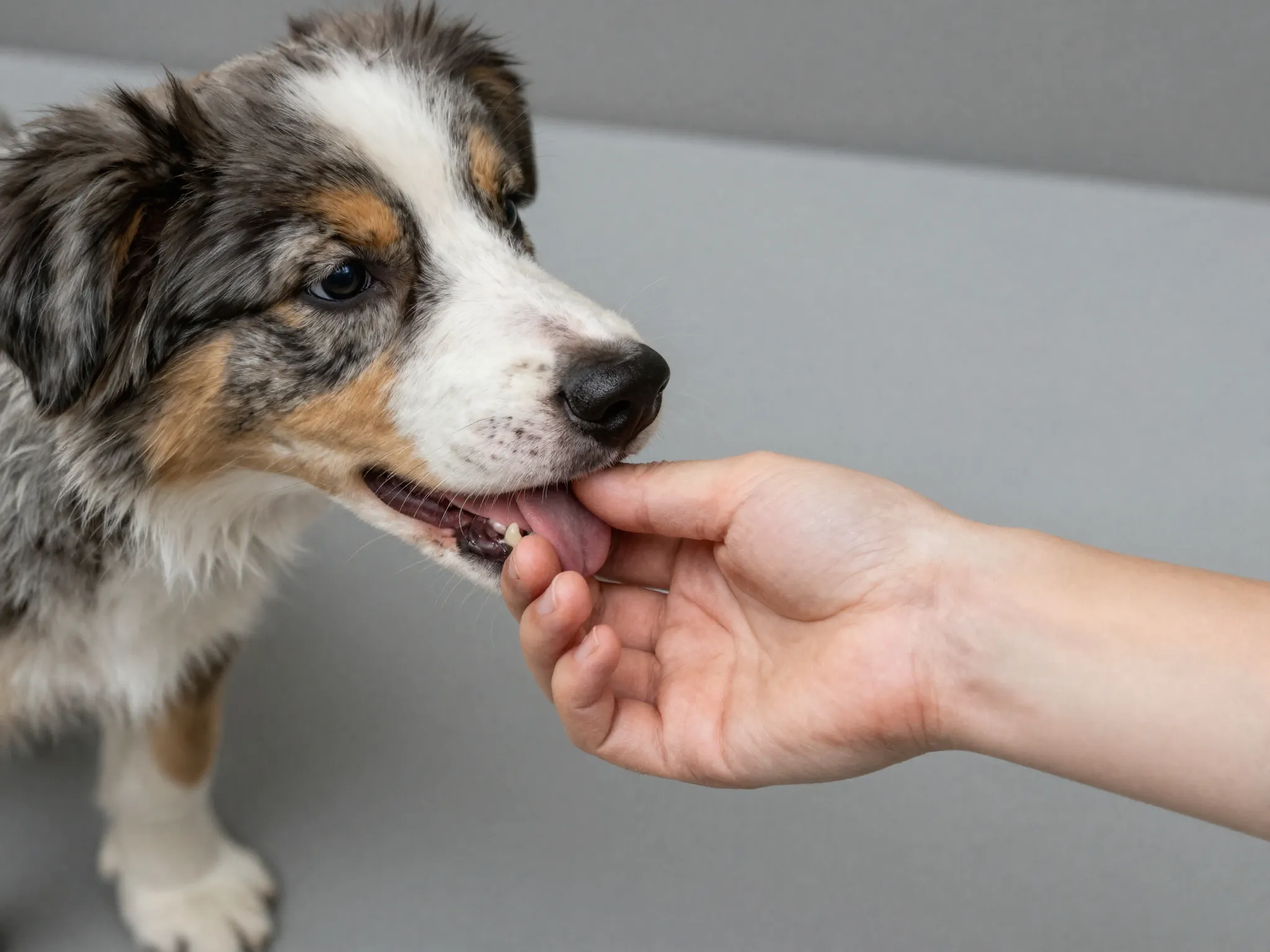 Aussiedor puppy gently mouthing a childs hand during supervised play