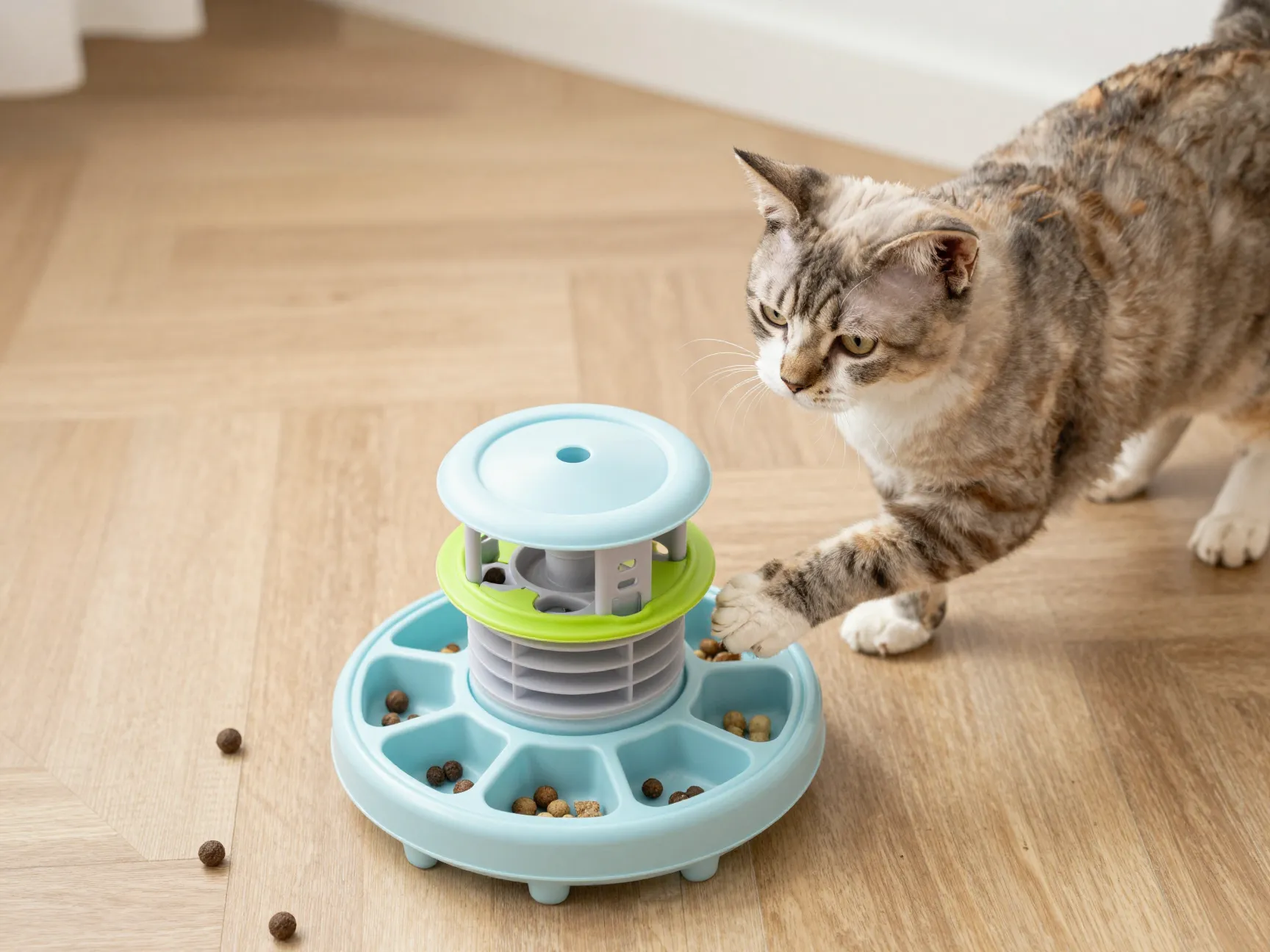 Devon rex cat figuring out puzzle feeder toy for mental enrichment intelligence