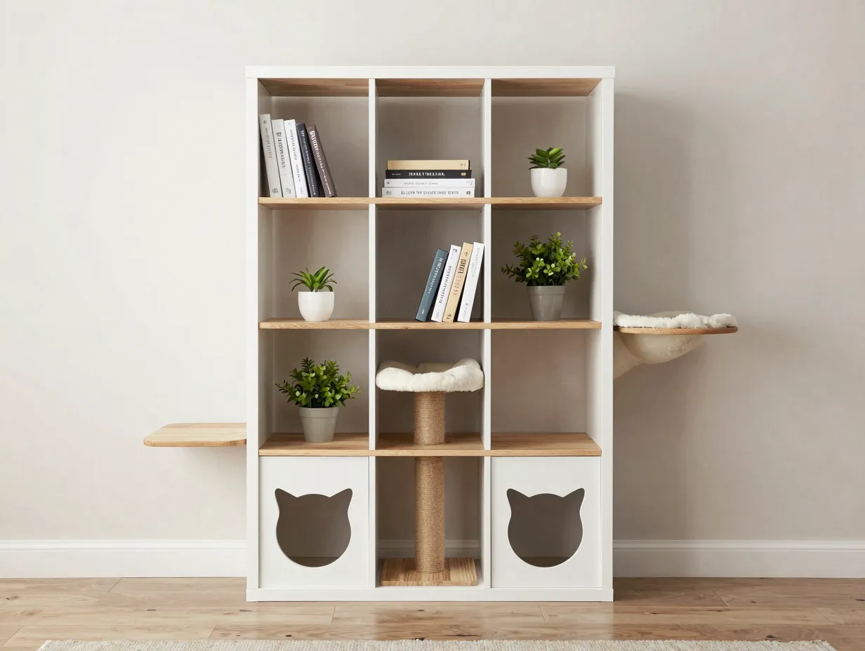 Multifunctional bookshelf cat tree with integrated shelving and cat platforms