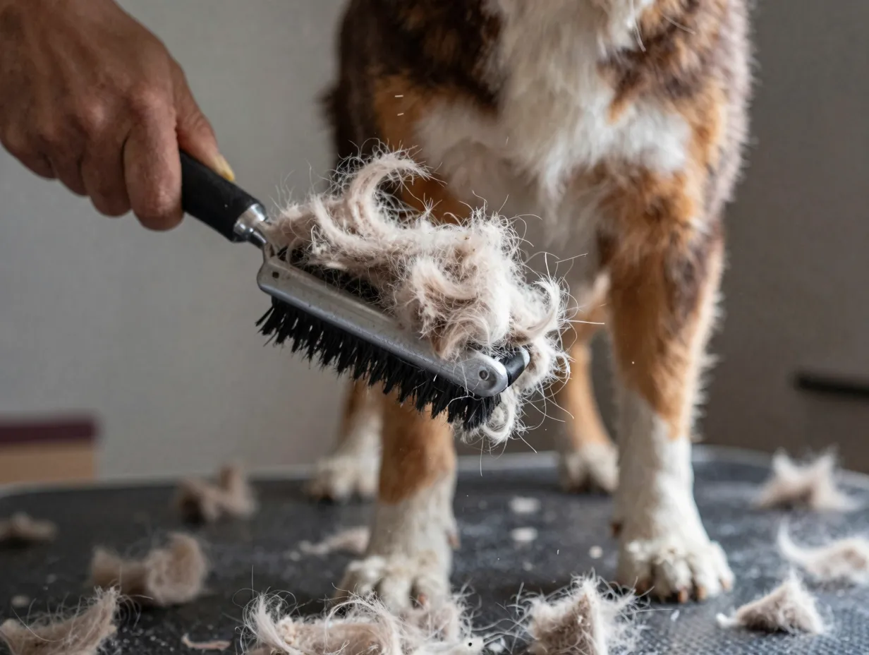 Aussiedor dog shedding profusely during brushing session indoors