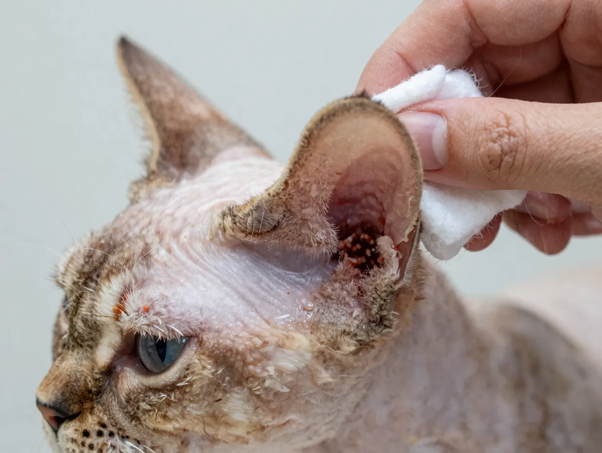 Close up of devon rex large ear being cleaned with cotton ball veterinary care